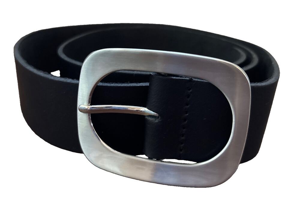 Black Genuine Leather Wide Belt Silver Oval Buckle Size L Made in Canada